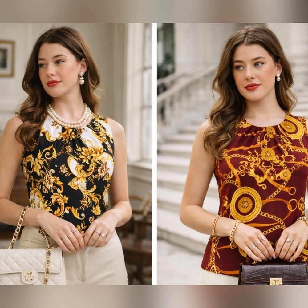Sleeveless Baroque Print Top in Charcoal